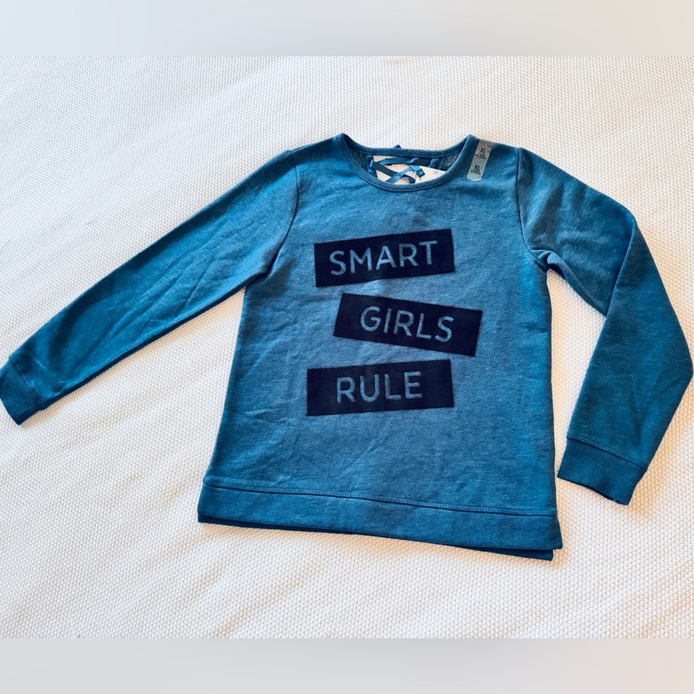 PLACE Girls Blue Sweatshirt w Velvet 'Smart Girls Rule' Graphic & Lace-Up Back - Picture 2 of 12
